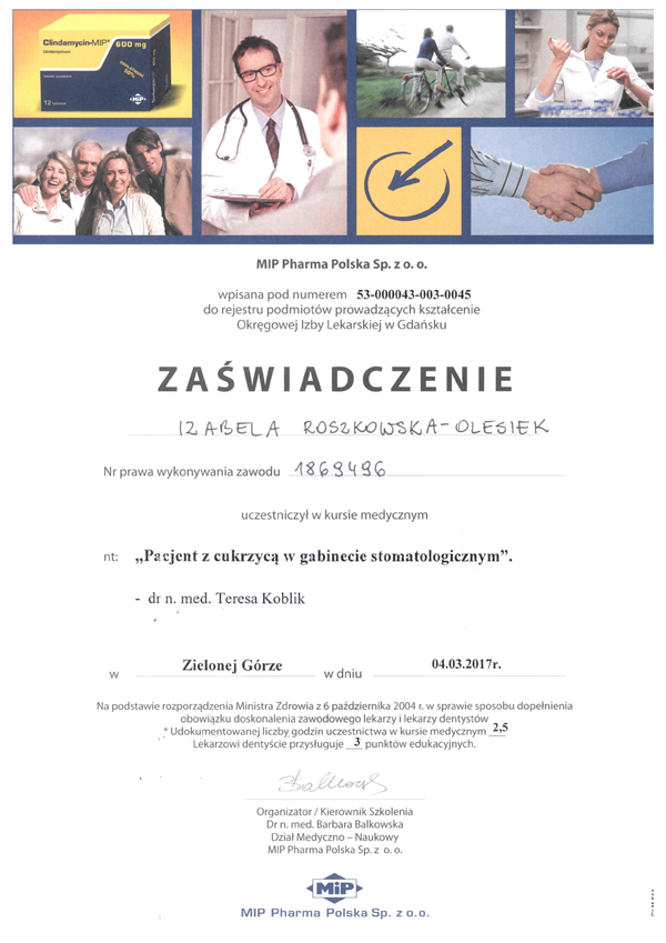 Certyfikat szkoleniowy ArtDentica Izabela Roszkowska-Oleszek. 