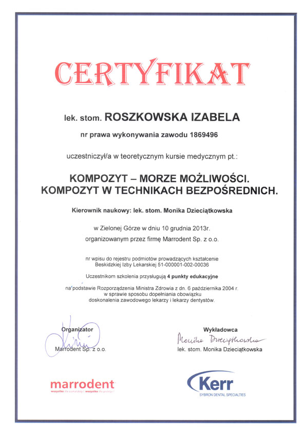 Certyfikat szkoleniowy ArtDentica Izabela Roszkowska-Oleszek.