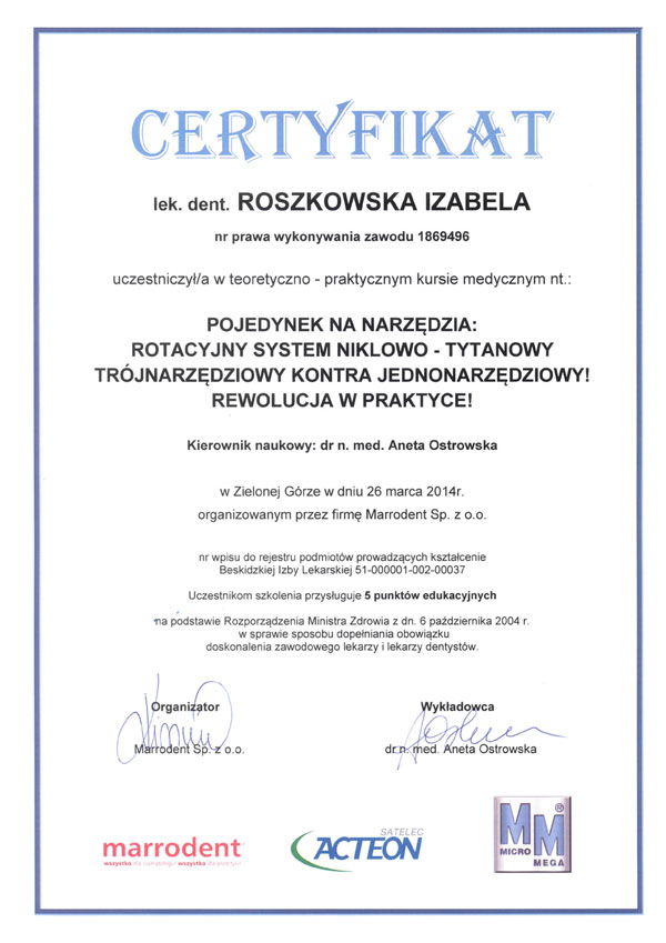 Certyfikat szkoleniowy ArtDentica Izabela Roszkowska-Oleszek. 
